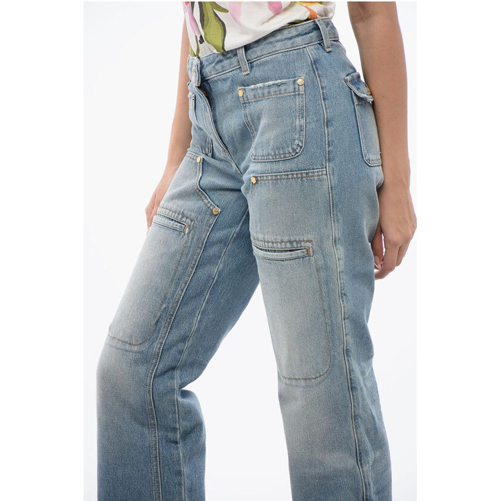 Palm Angels Light Washed Straight Fit Jeans With Knee-Panel