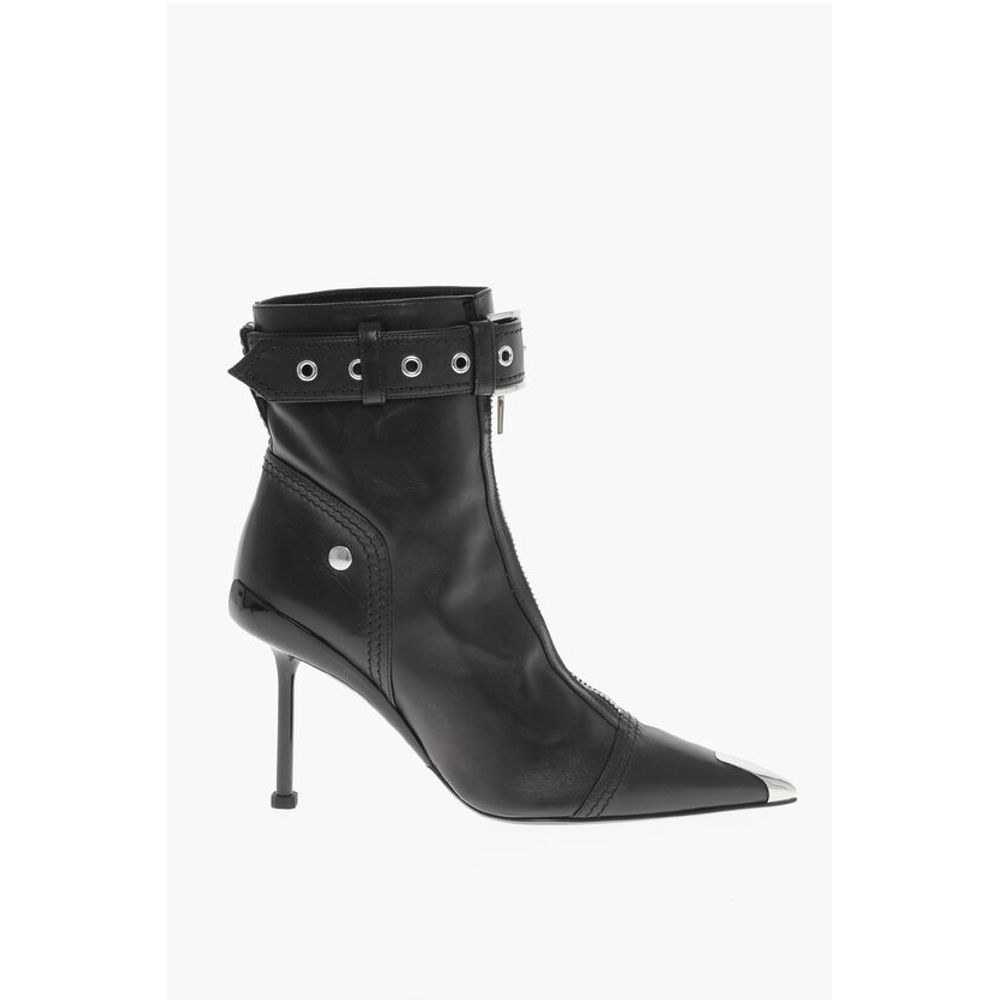 Alexander McQueen Front Zipped Leather Booties with Stiletto Heel 10cm