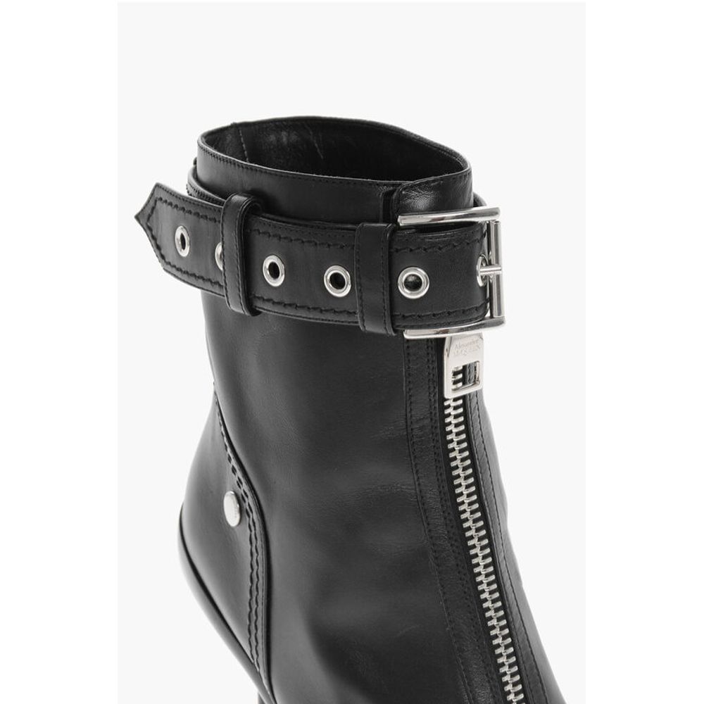 Alexander McQueen Front Zipped Leather Booties with Stiletto Heel 10cm